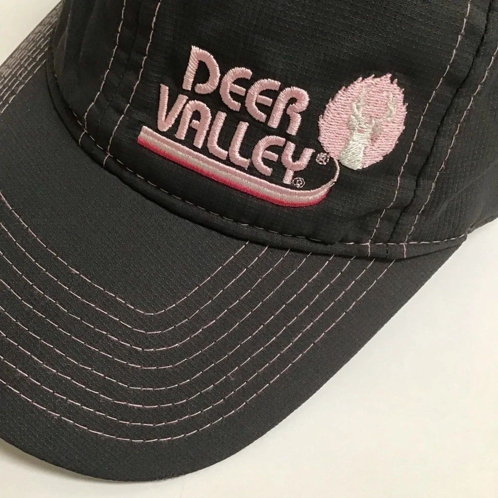 Deer Valley Ski Resort Hat Gear Cap Gray Pink Contrast Stitch Adjusts Vintage